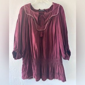 Zara Burgundy Peasant Blouse Boho Tassel Size XS